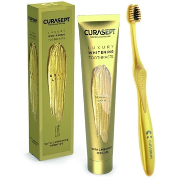 Curasept Gold zestaw wybielająca pasta 75 ml + szczoteczka + kosmetyczka