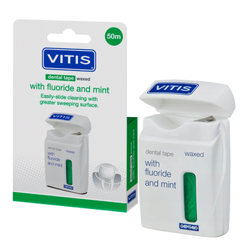 Nić dentystyczna woskowana z fluorem i miętą Vitis Dental Tape 50 m
