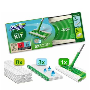 Swiffer Dry+Wet Kit: mop, 8 suchych i 3 mokre chusteczki do kurzu